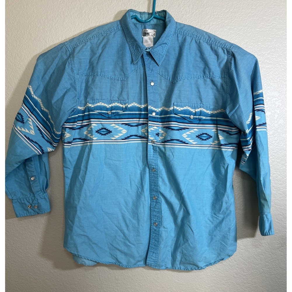 VTG Mens Express Rider Western Shirt‎ Button Up Long Sleeve Aztec Print Blue XL